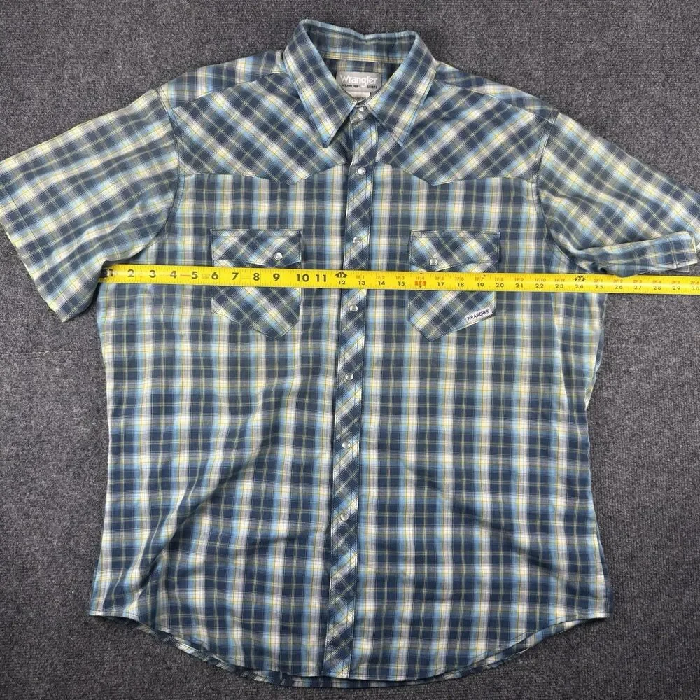 Wrangler Shirt Mens XL Blue Yellow Western Pearl Snap Short Sleeve Wrancher